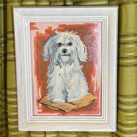 Vintage 1970s paint by numbers, Maltese dog on cushion, wood framed PBN - Picture 1 of 4